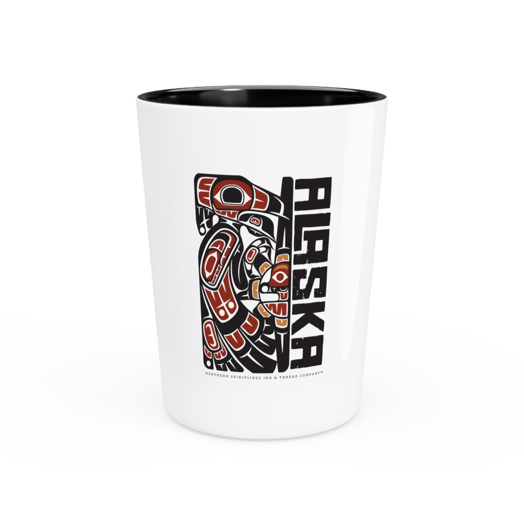 Ceramic Shot Glass - White/Black Interior - Rustic Alaska Tribal Raven - AK State Line™ Collection