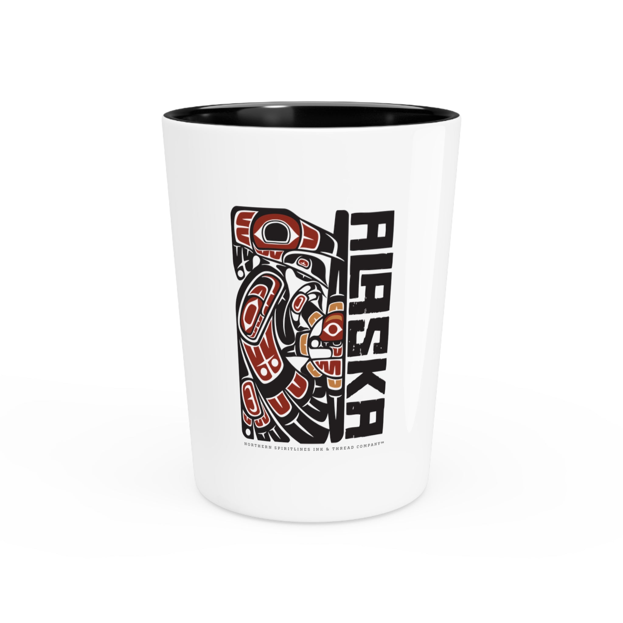 Ceramic Shot Glass - White/Black Interior - Rustic Alaska Tribal Raven - AK State Line™ Collection