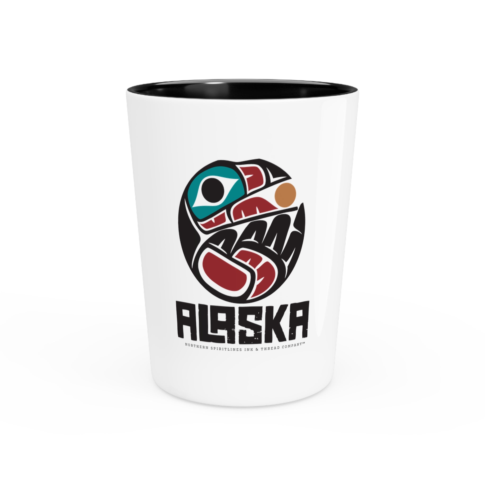 Ceramic Shot Glass - White/Black Interior - Rustic Alaska Tribal Raven Insignia - AK State Line™ Collection