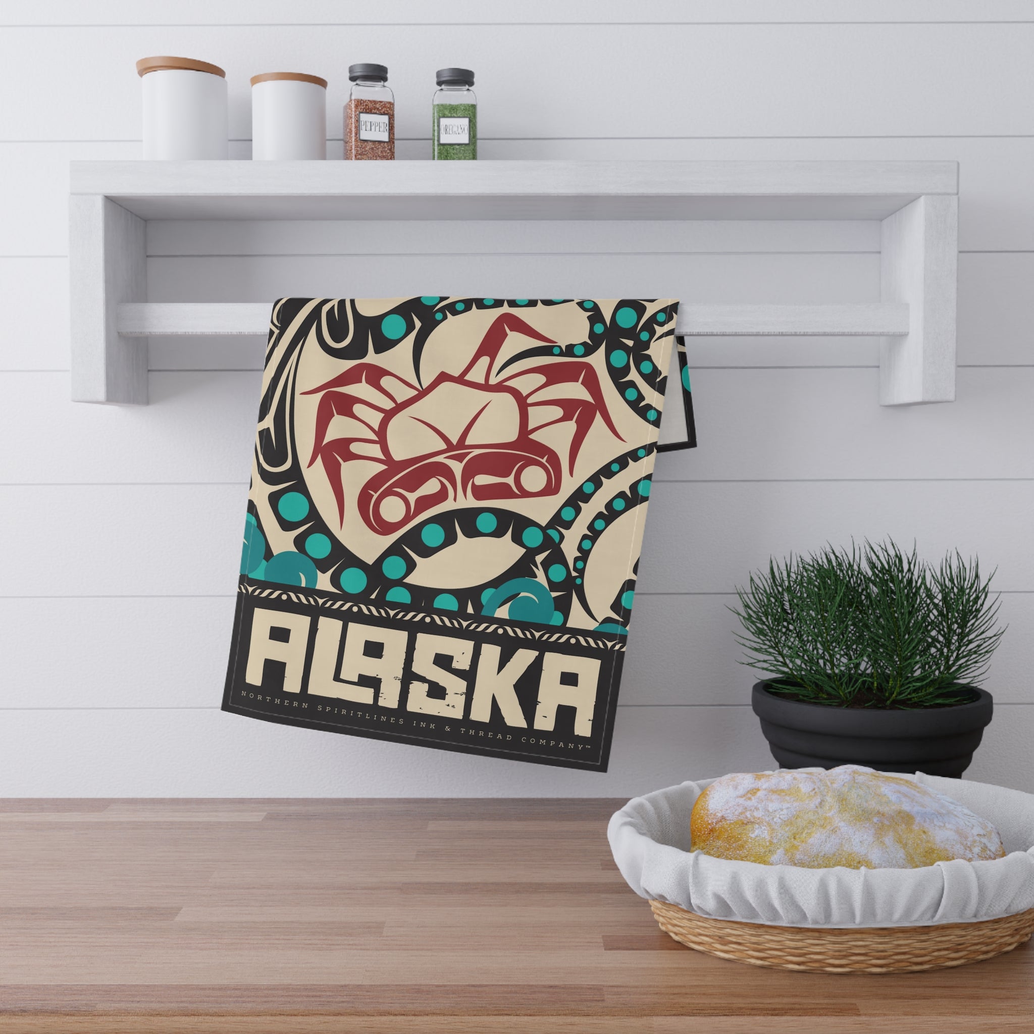 Cotton Twill Tea Towel - Rustic Alaska Tribal Octopus - AK State Line™ Collection
