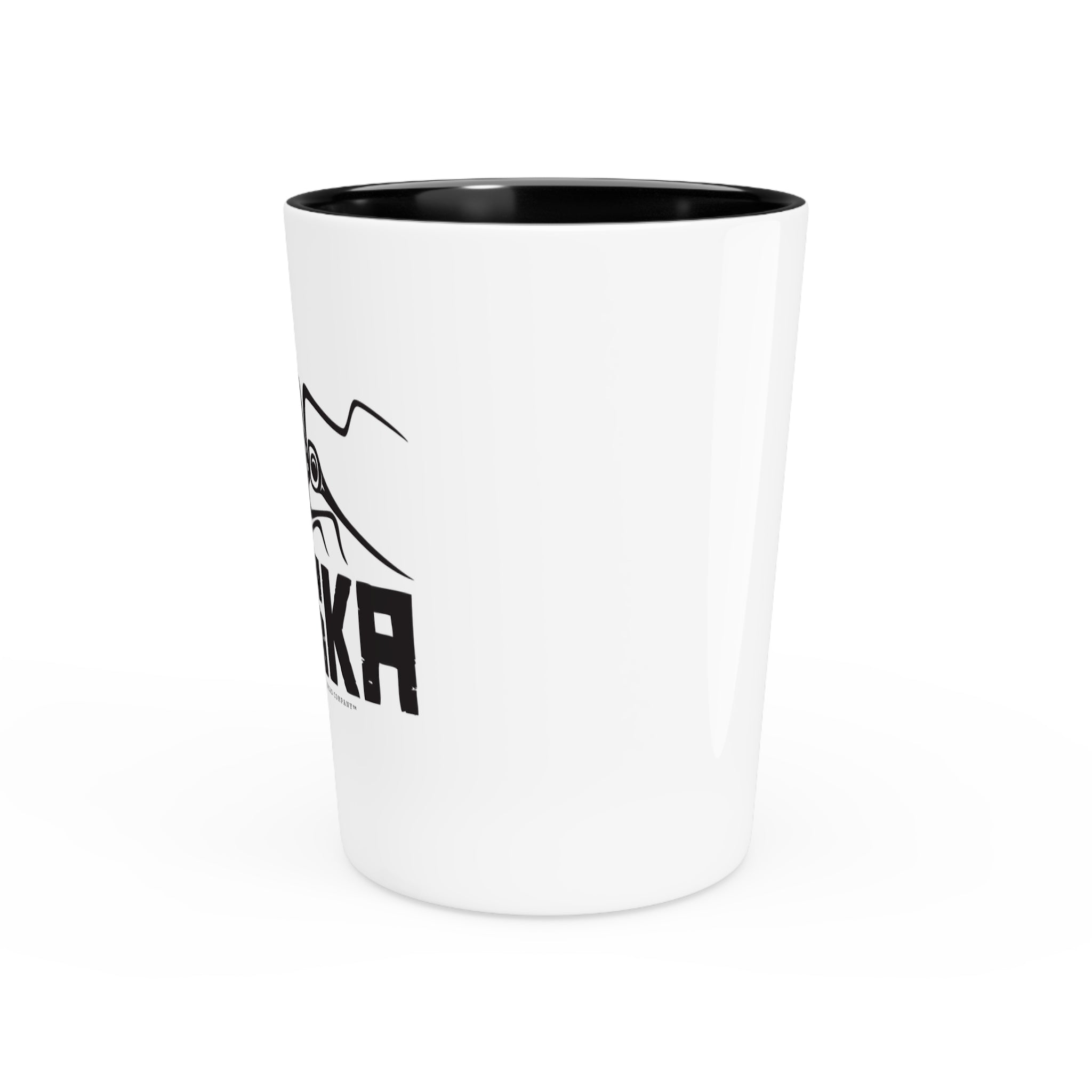 Ceramic Shot Glass - White/Black Interior - Rustic Alaska Tribal Mosquito - AK State Line™ Collection