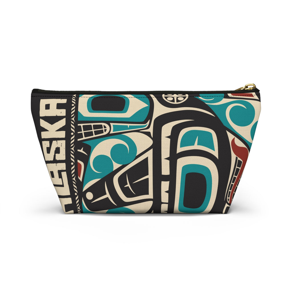 Travel Accessory Zipper Pouch - Rustic Alaska Tribal Orca - AK State Line™ Collection