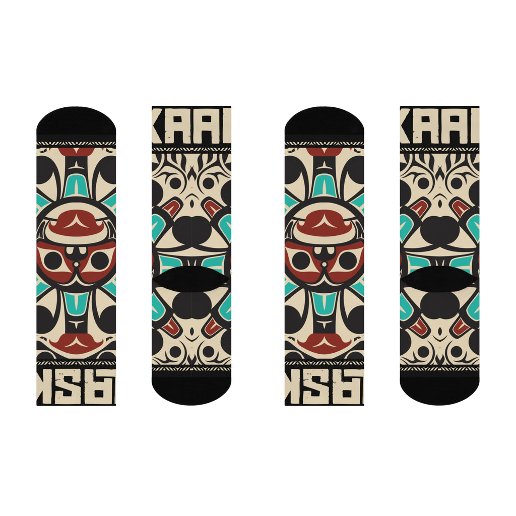 Crew Socks - Cushion Bottom - Rustic Alaska Tribal Sun (Teal/Red) - AK State Line™