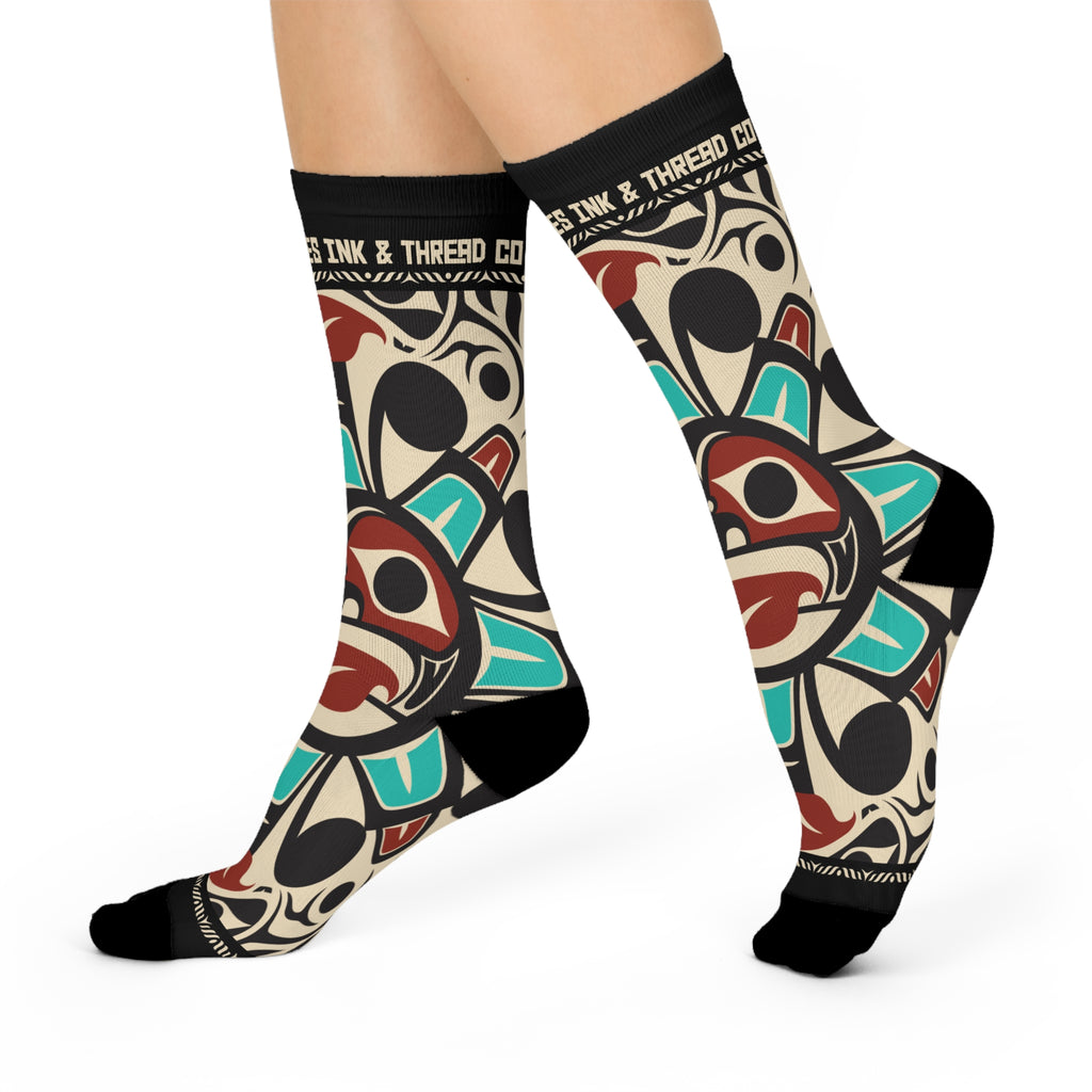 Crew Socks - Cushion Bottom - Classic Tribal Sun (Teal/Red) -  Northern Spiritlines™