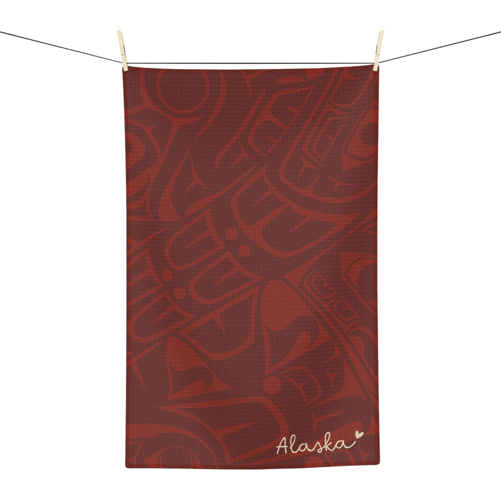 Microfiber Tea Towel - Classic Tribal Print with Alaska (Red) - AK State Line™ Collection