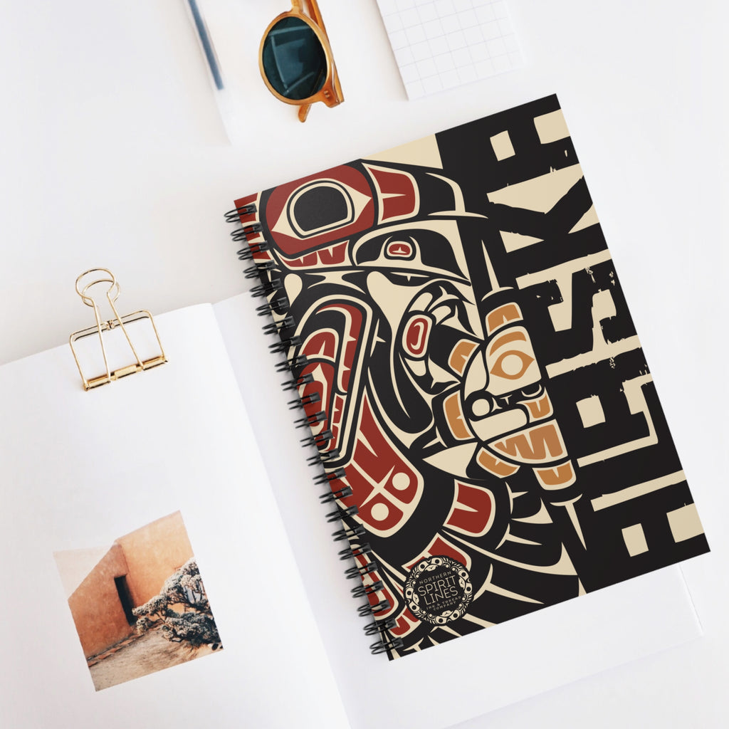 Spiral Notebook, Journal - Rustic Tribal Raven w/ Vertical Alaska - AK State Line™