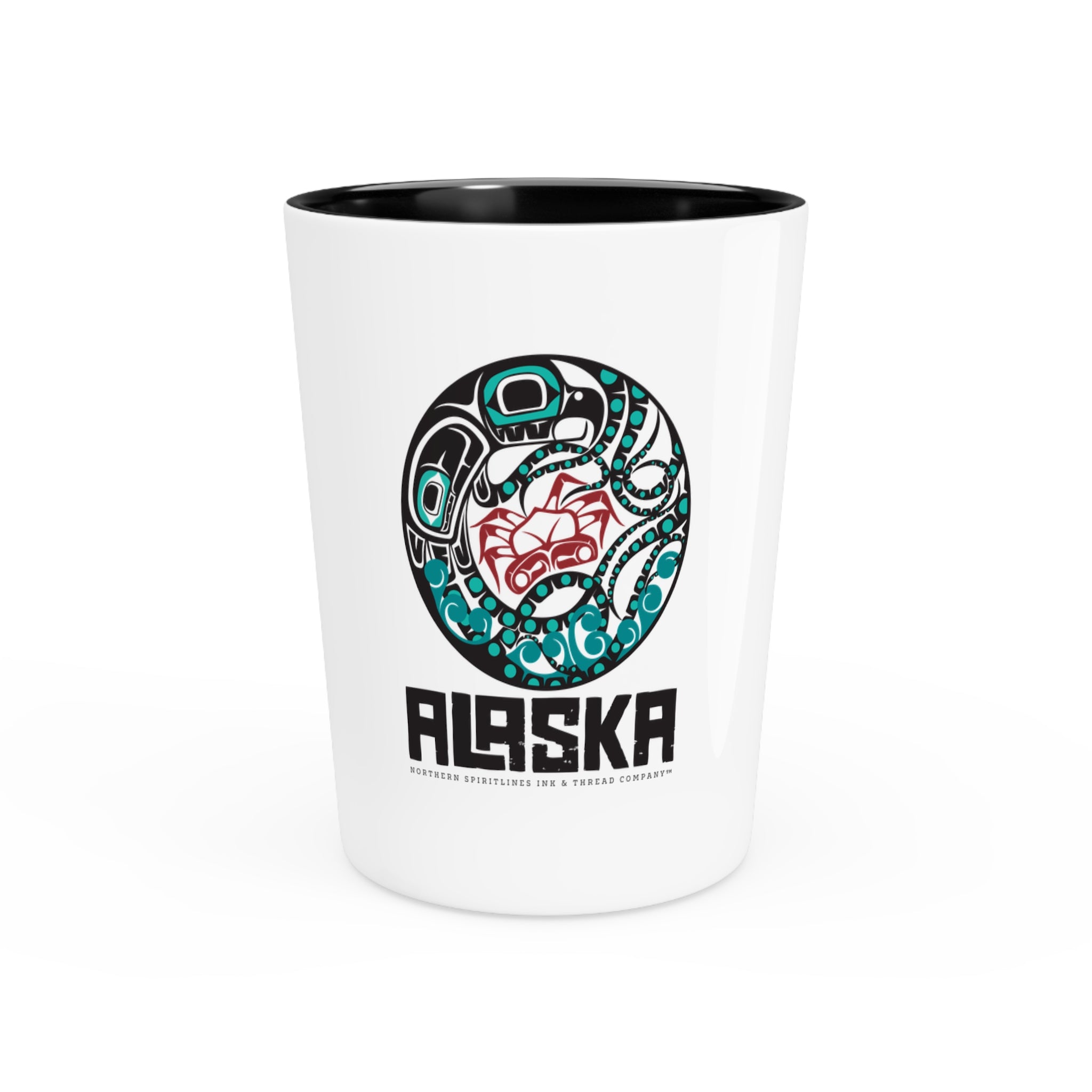 Ceramic Shot Glass - White/Black Interior - Rustic Alaska Tribal Octopus - AK State Line™ Collection