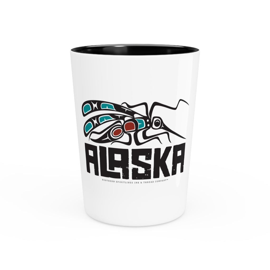 Ceramic Shot Glass - White/Black Interior - Rustic Alaska Tribal Mosquito - AK State Line™ Collection