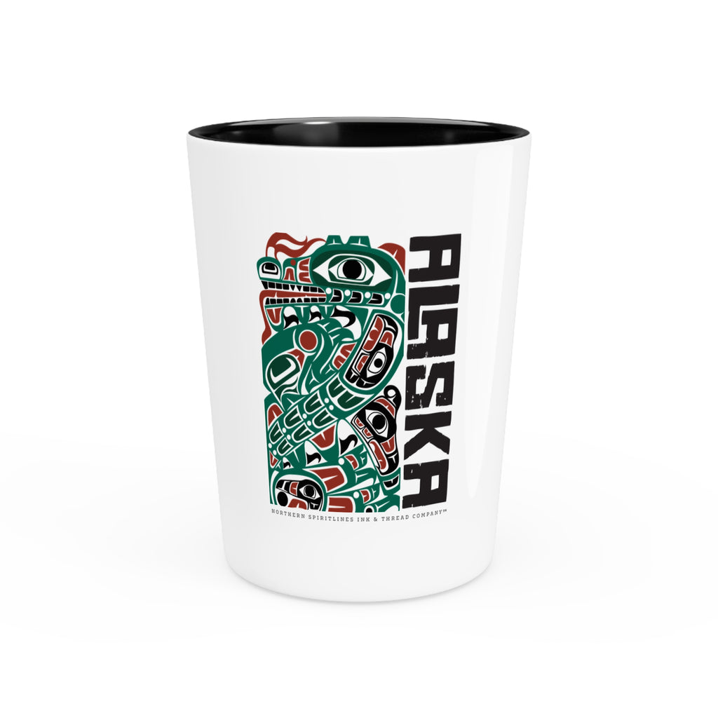 Ceramic Shot Glass - White/Black Interior - Rustic Alaska Tribal Sea Monster - AK State Line™ Collection