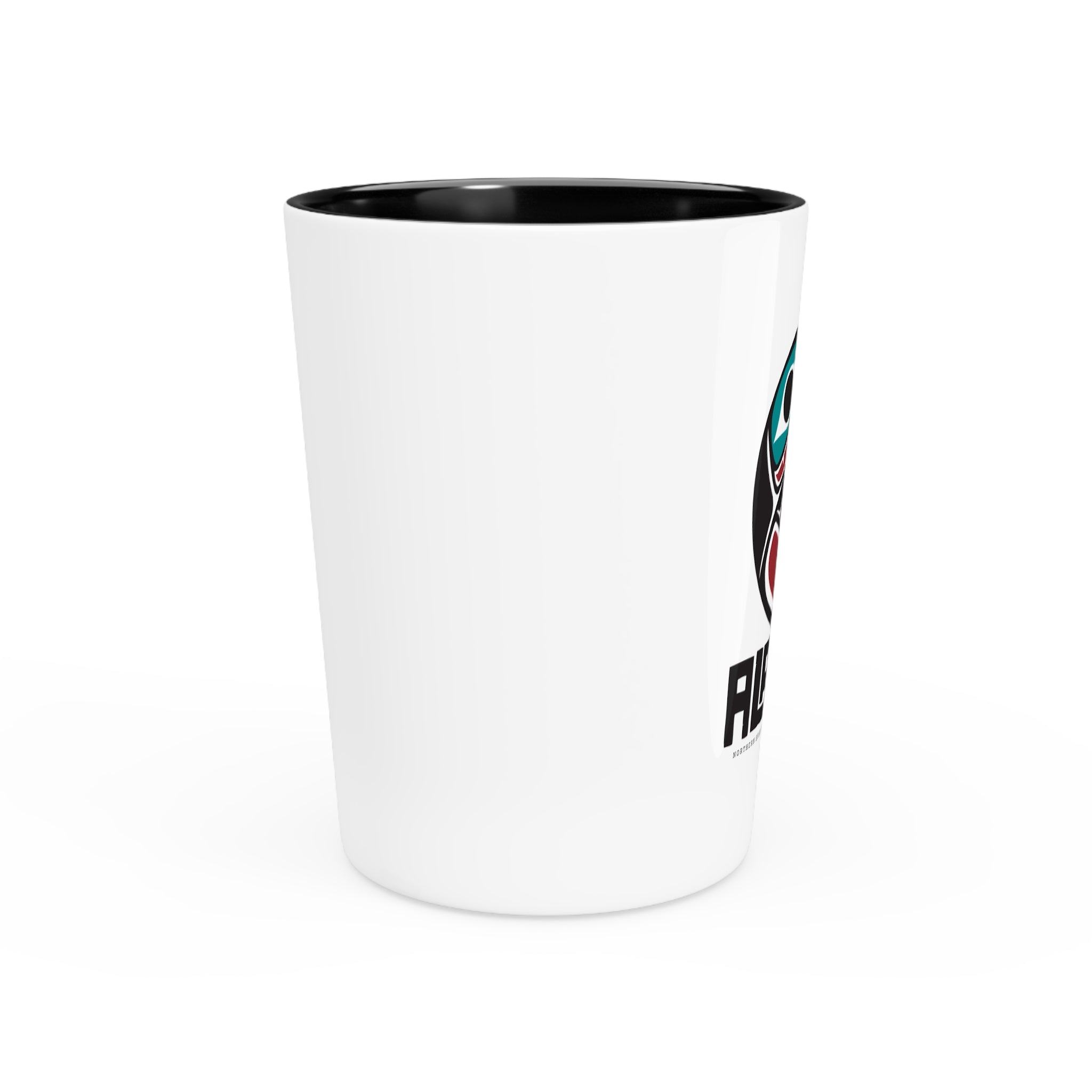 Ceramic Shot Glass - White/Black Interior - Rustic Alaska Tribal Raven Insignia - AK State Line™ Collection
