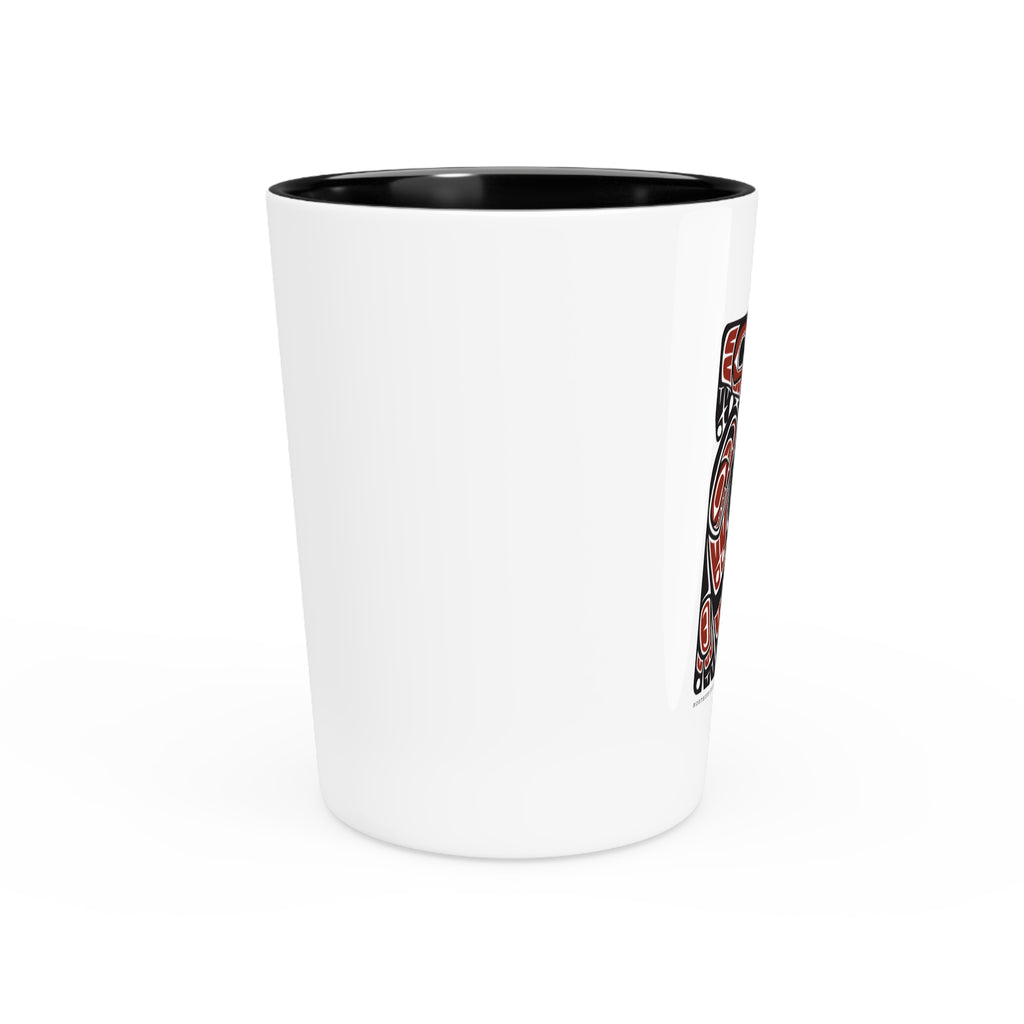 Ceramic Shot Glass - White/Black Interior - Rustic Alaska Tribal Raven - AK State Line™ Collection