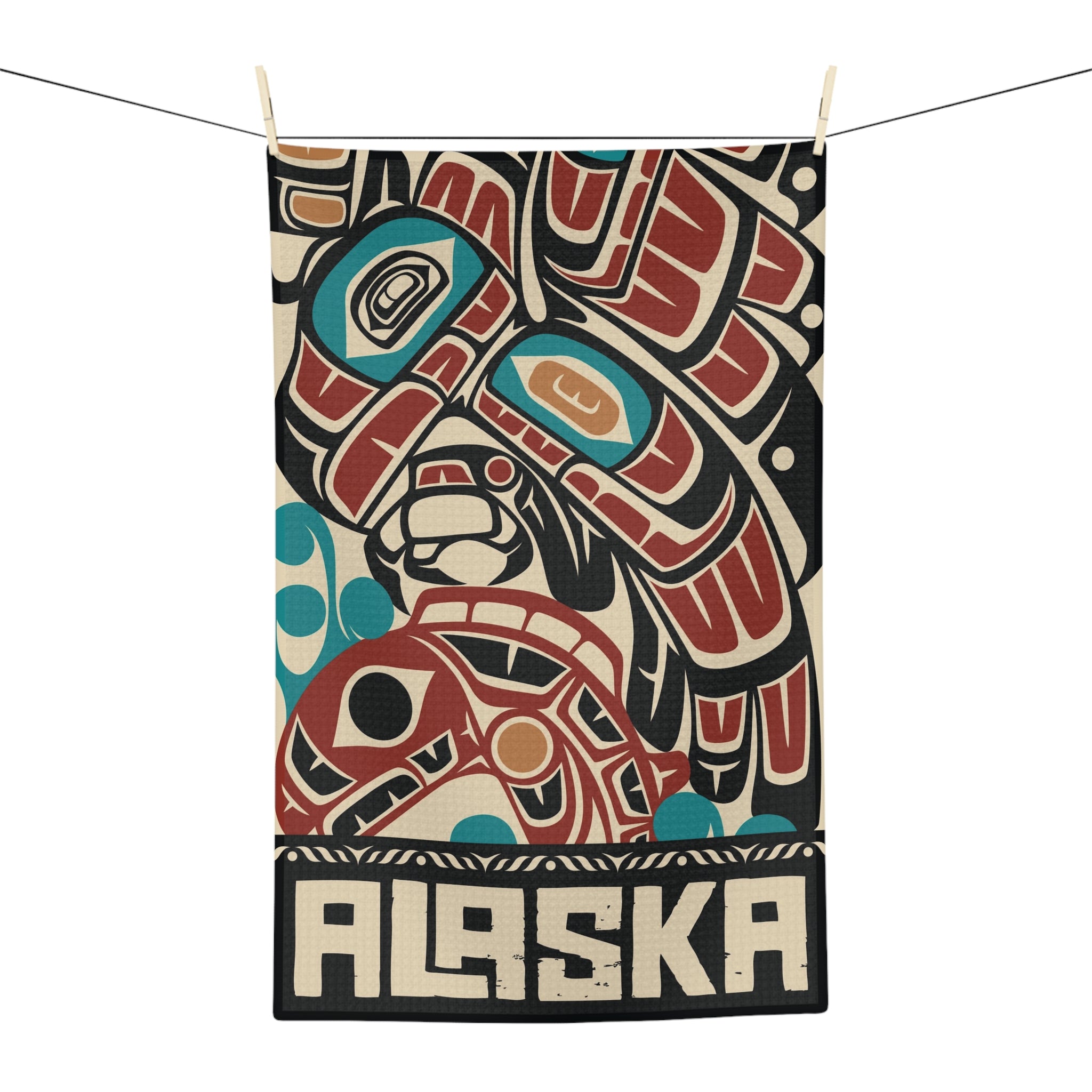 Tea Towel | 18x30" Waffle Weave | Alaska Tribal Eagle & Salmon | Stateline™ Collection