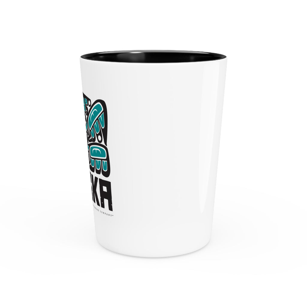 Ceramic Shot Glass - White/Black Interior - Rustic Alaska Tribal Hummingbird - AK State Line™ Collection