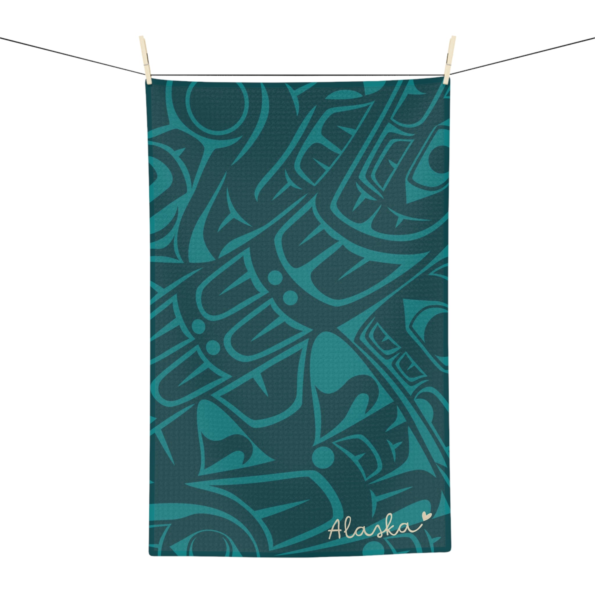 Microfiber Tea Towel - Classic Tribal Print with Alaska (Teal) - AK State Line™ Collection