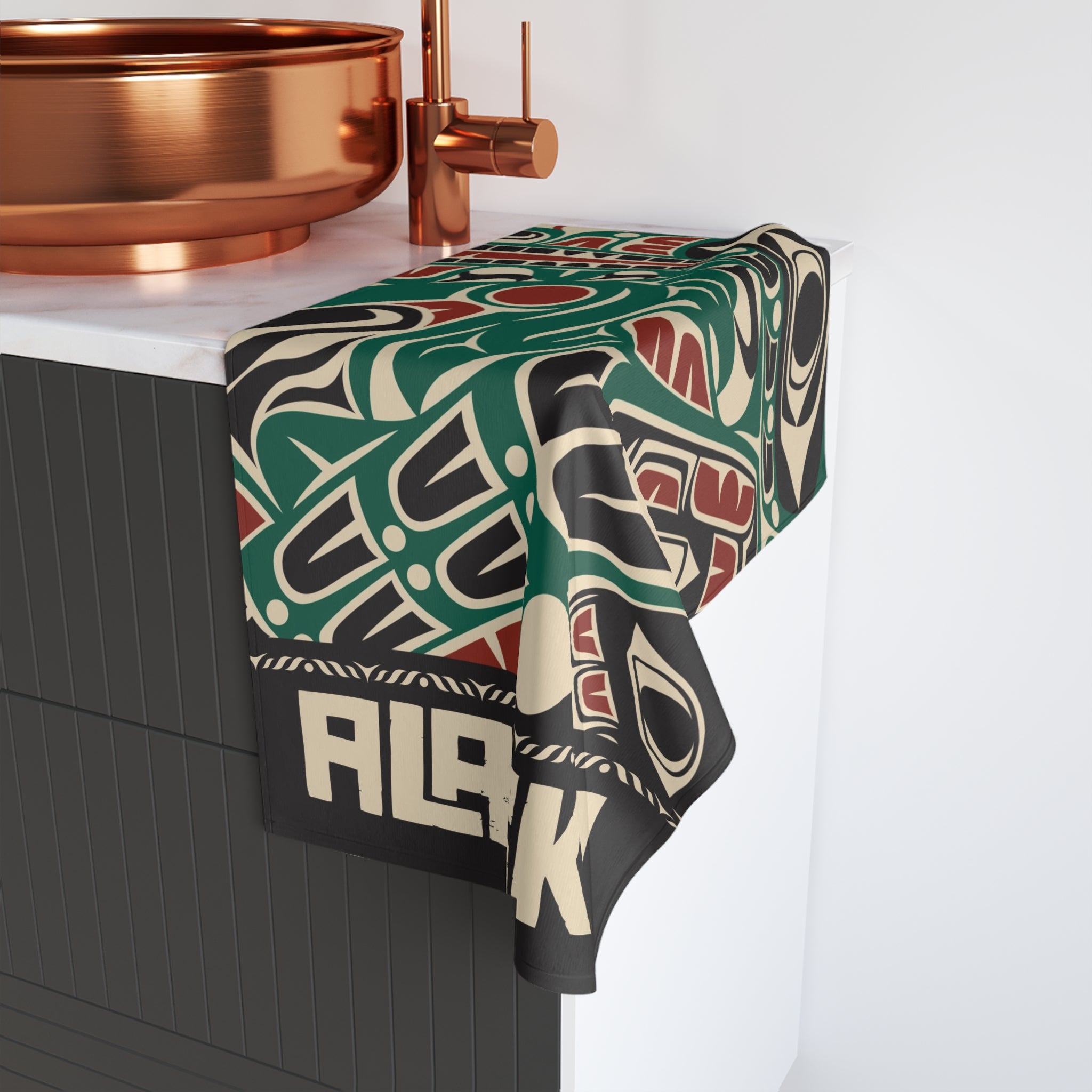 16x28" Polycotton Hand Towel - Rustic Alaska Tribal Sea Monster - AK State Line™ Collection