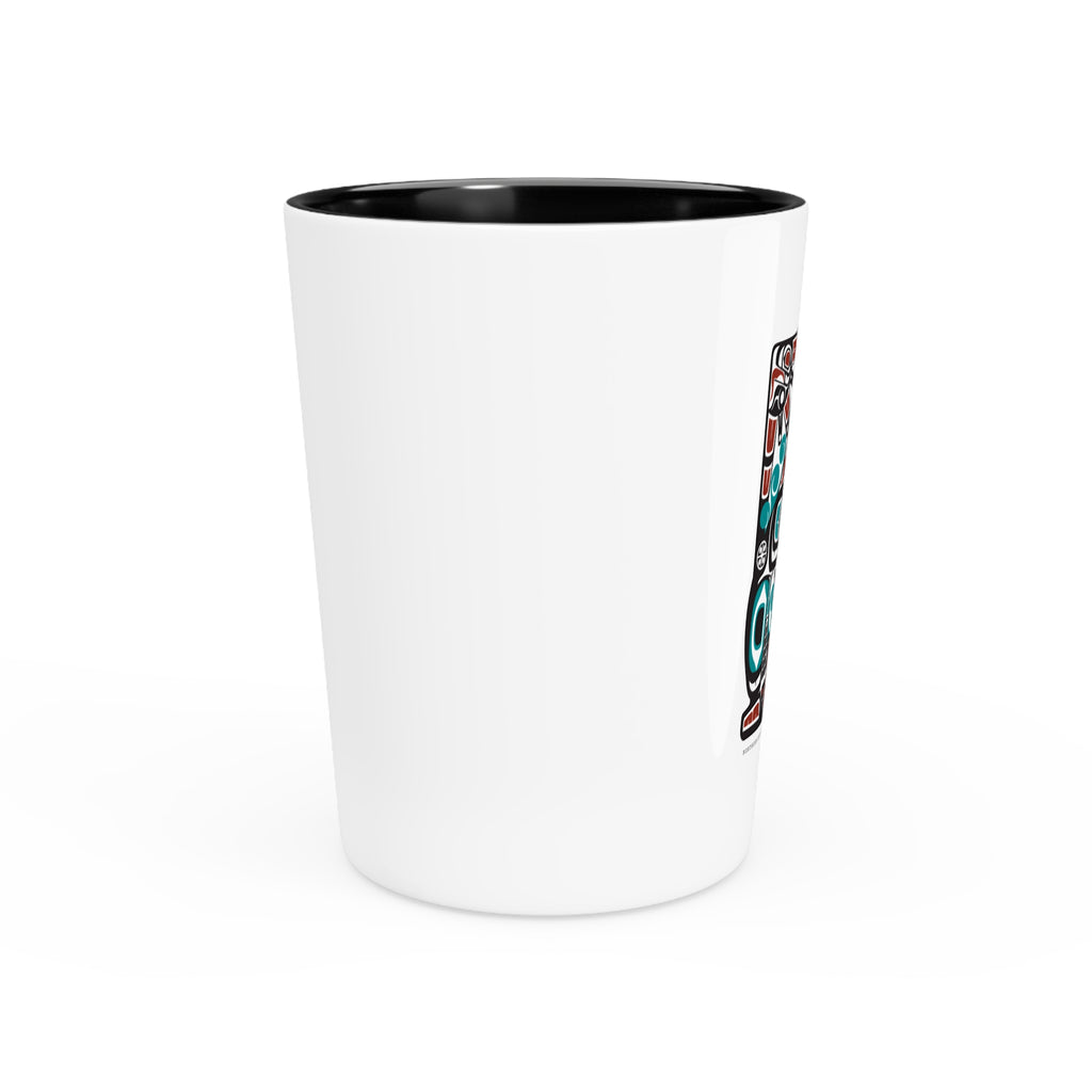 Ceramic Shot Glass - White/Black Interior - Rustic Alaska Tribal Orca - AK State Line™ Collection