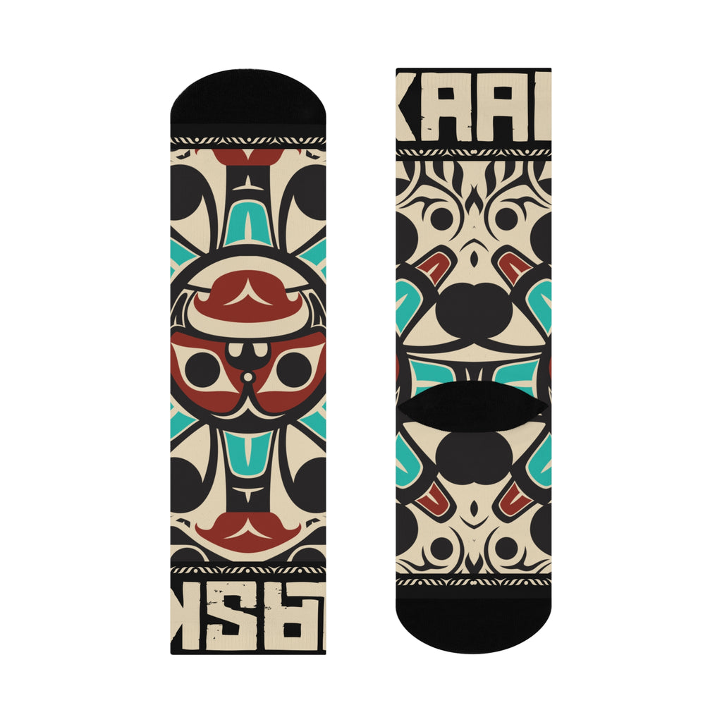 Crew Socks - Cushion Bottom - Rustic Alaska Tribal Sun (Teal/Red) - AK State Line™
