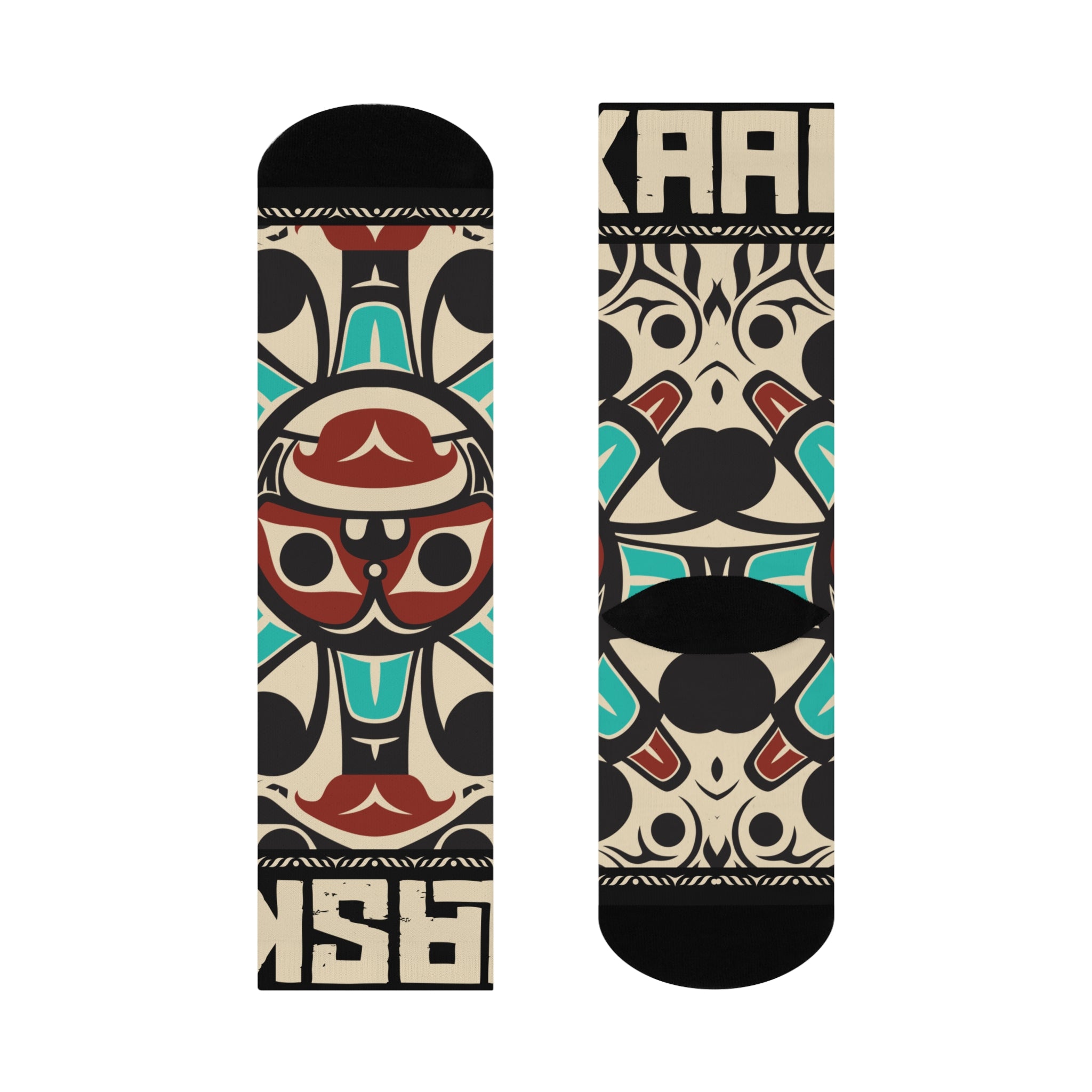Crew Socks - Cushion Bottom - Rustic Alaska Tribal Sun (Teal/Red) - AK State Line™