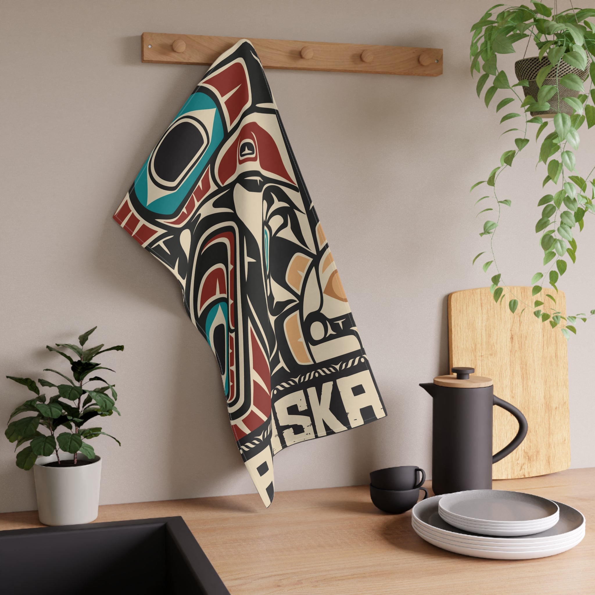 Cotton Twill Tea Towel - Alaska Tribal Raven - AK State Line™ Collection