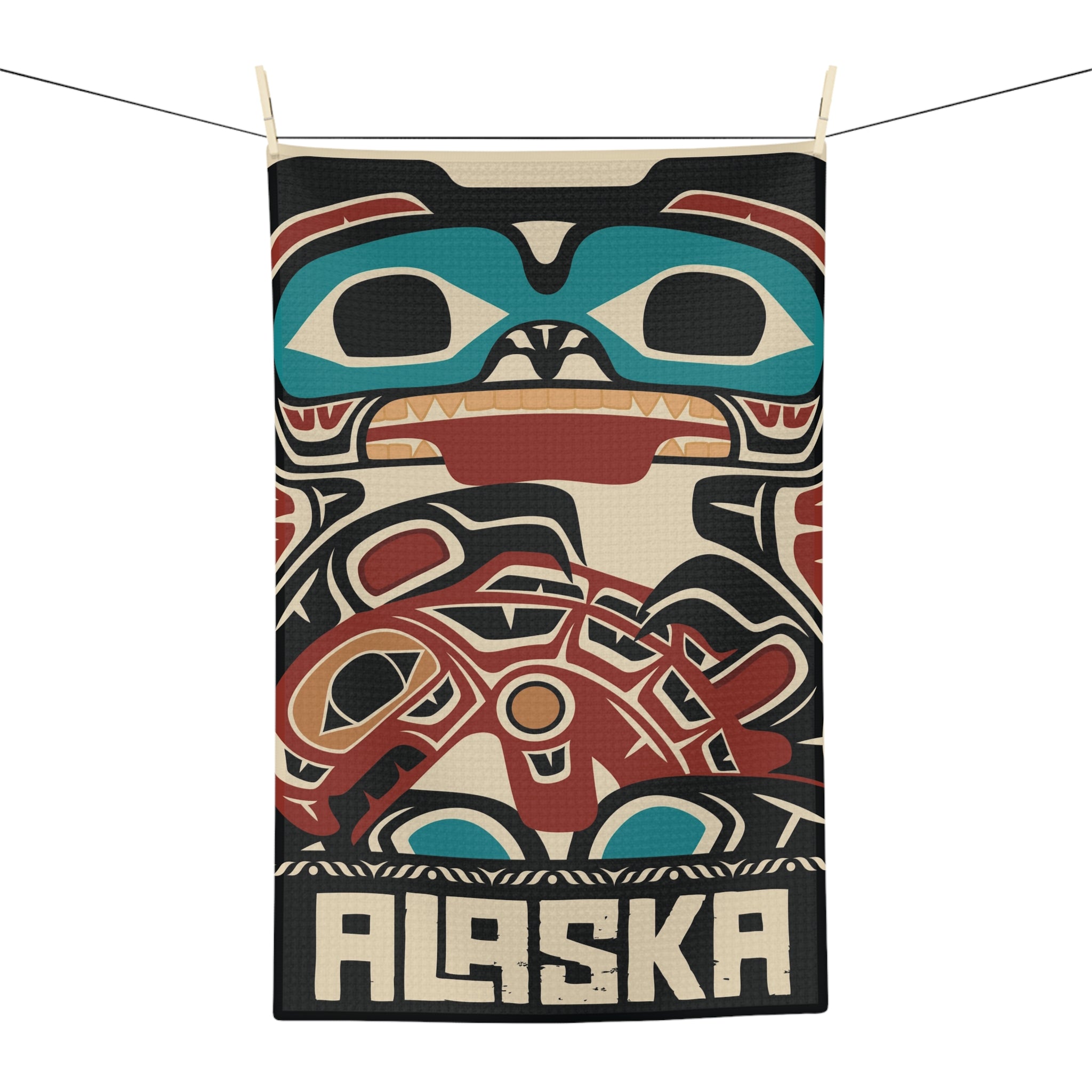 Tea Towel | 18x30" Waffle Weave | Alaska Tribal Bear & Salmon | Stateline™ Collection