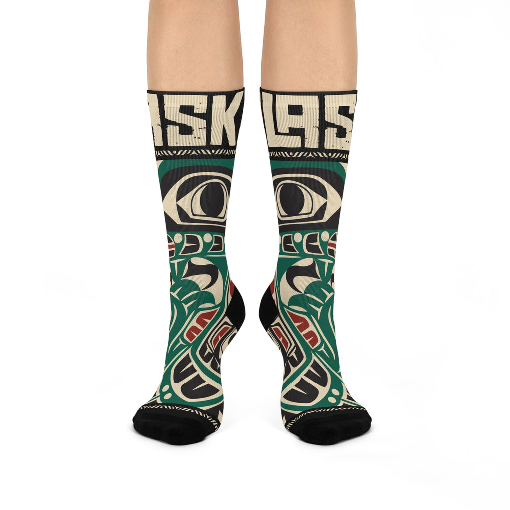 Crew Socks - Cushion Bottom - Rustic Alaska Tribal Sea Monster - AK State Line™