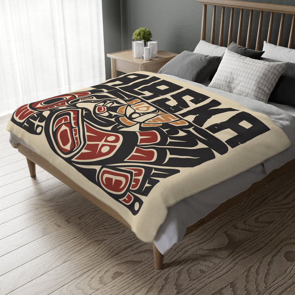Reversible Plush Blanket - Rustic Alaska Tribal Raven - AK State Line™ Collection