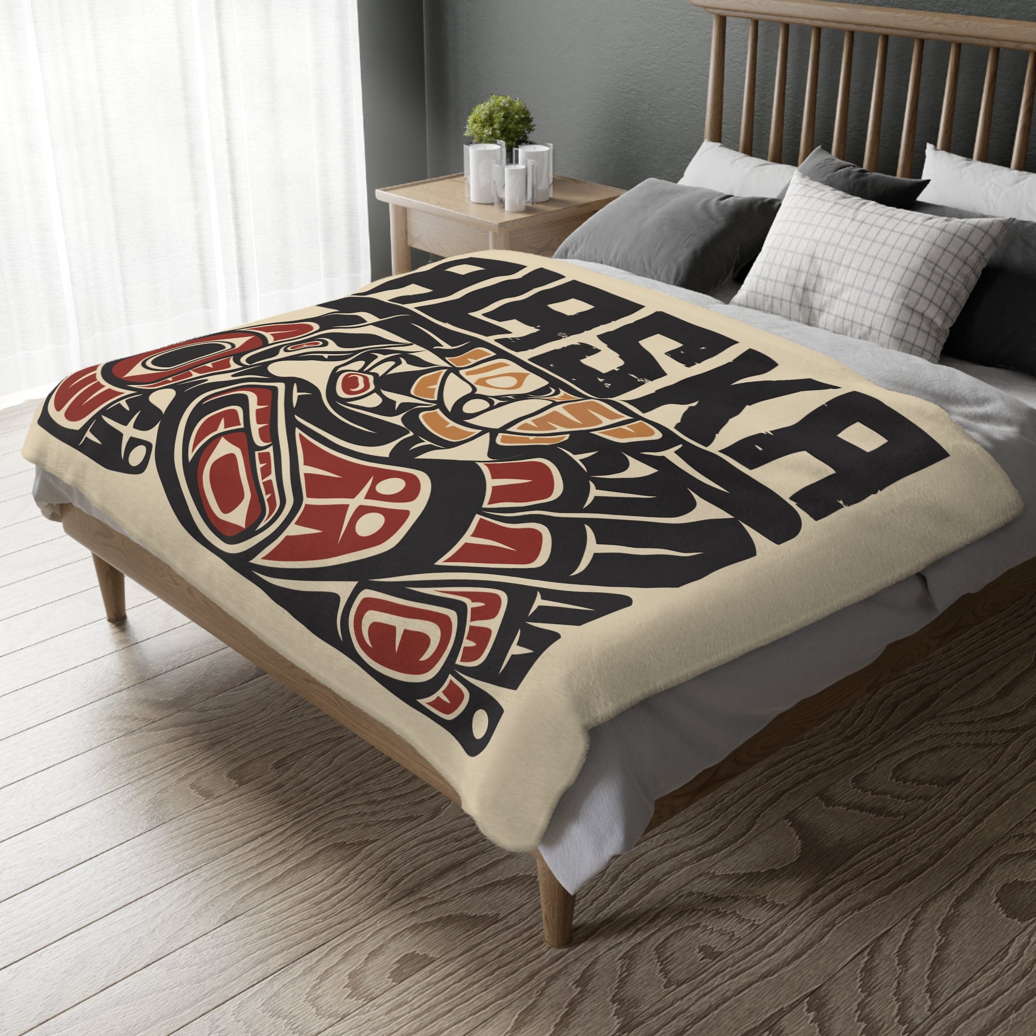 Reversible Plush Blanket - Rustic Alaska Tribal Raven - AK State Line™ Collection