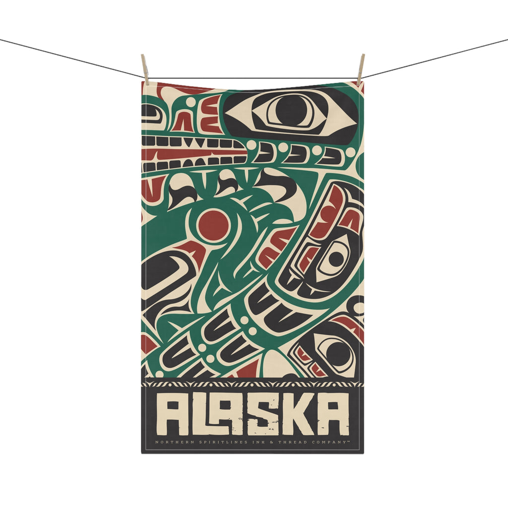 Cotton Twill Tea Towel - Rustic Alaska Tribal Sea Monster - AK State Line™ Collection