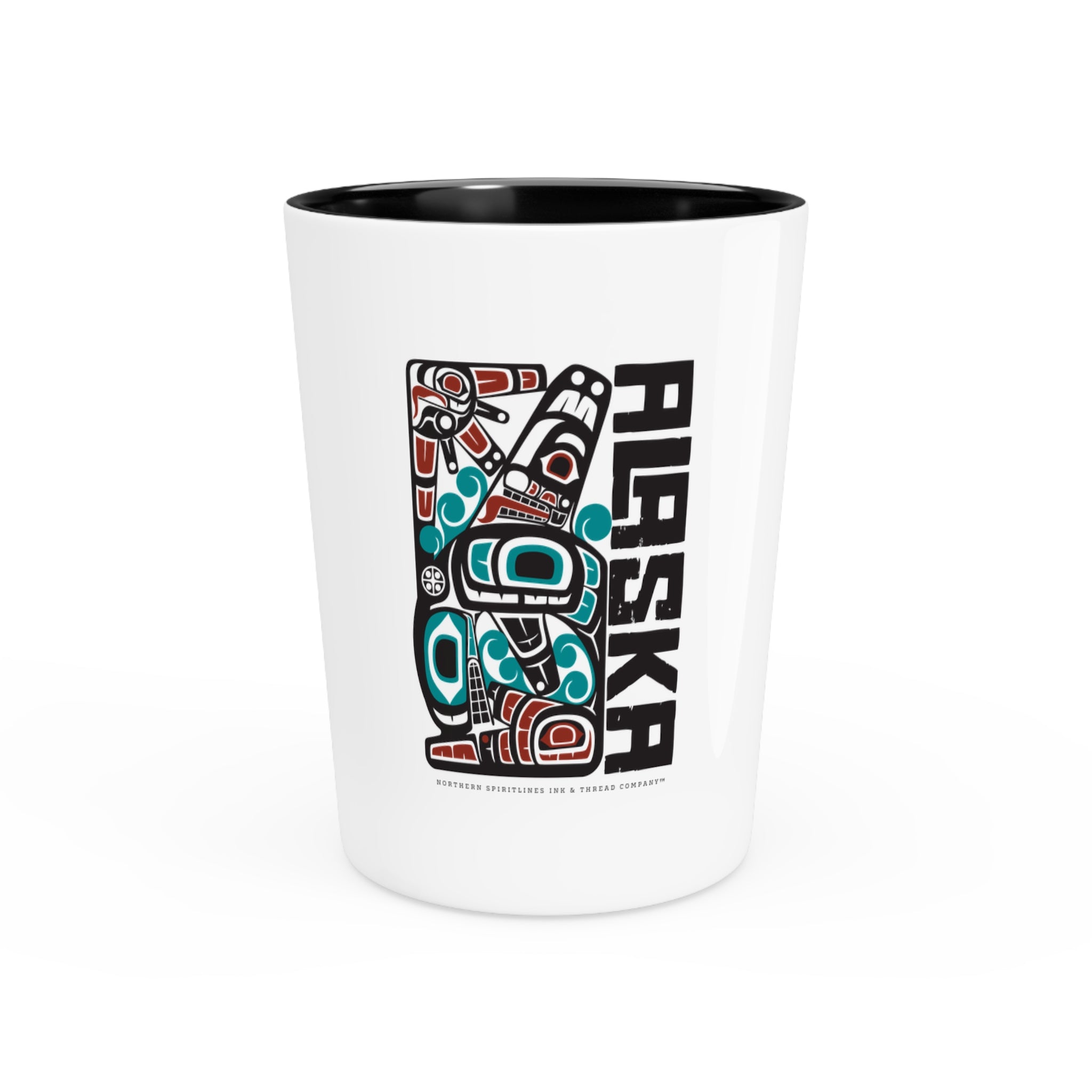 Ceramic Shot Glass - White/Black Interior - Rustic Alaska Tribal Orca - AK State Line™ Collection