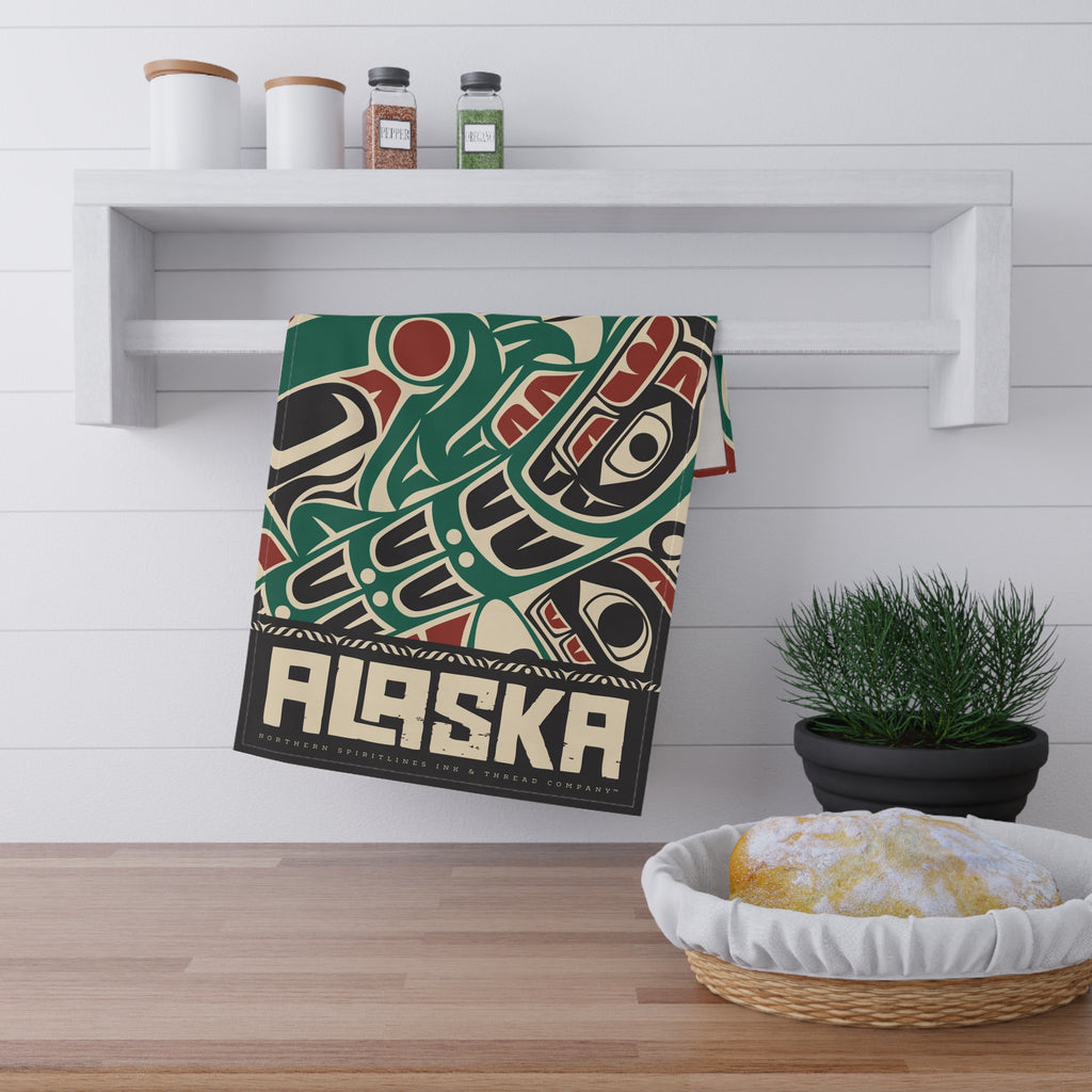 Cotton Twill Tea Towel - Rustic Alaska Tribal Sea Monster - AK State Line™ Collection
