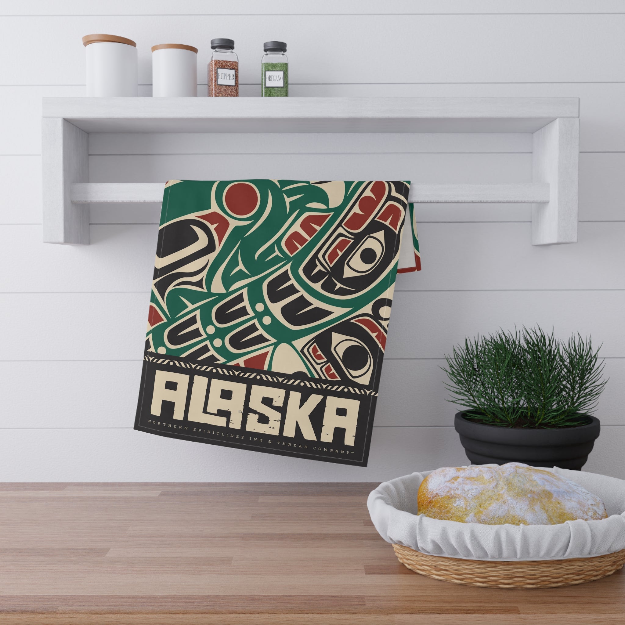 Cotton Twill Tea Towel - Rustic Alaska Tribal Sea Monster - AK State Line™ Collection
