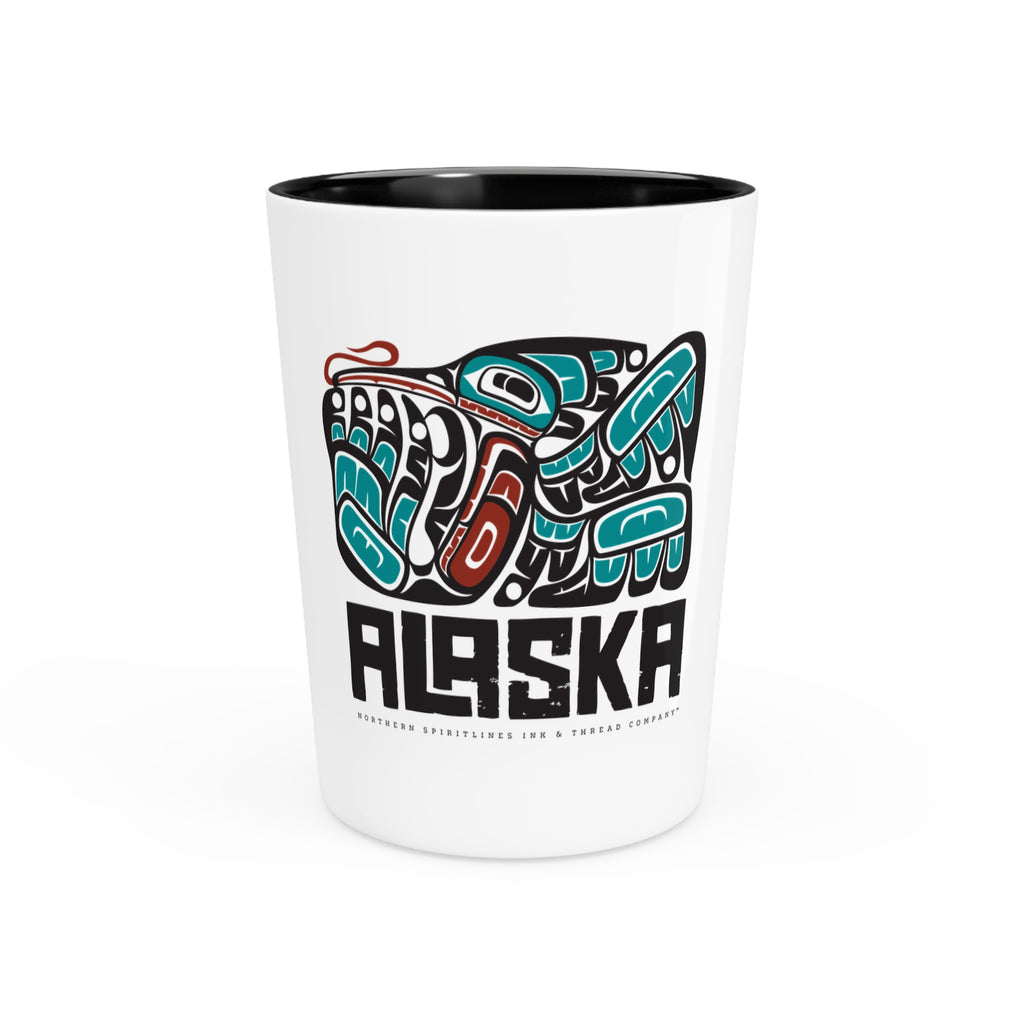 Ceramic Shot Glass - White/Black Interior - Rustic Alaska Tribal Hummingbird - AK State Line™ Collection