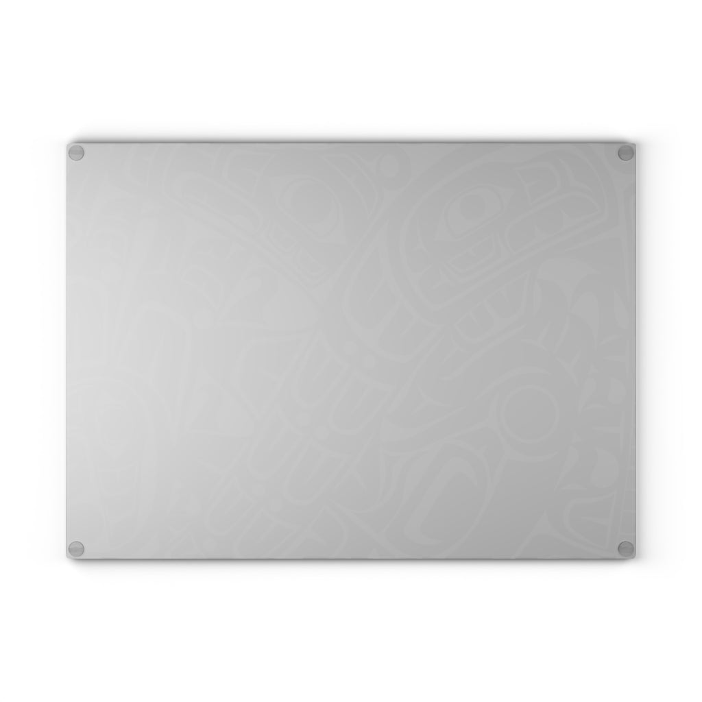 Glass Cutting Board - Classic Tribal Smoky Print - Round Teal Logo - Northern Spiritlines™