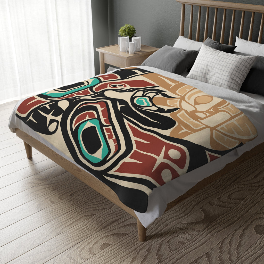 Reversible Coral Fleece Blanket | Tribal Raven & Sun | Northern Spiritlines™ Signature