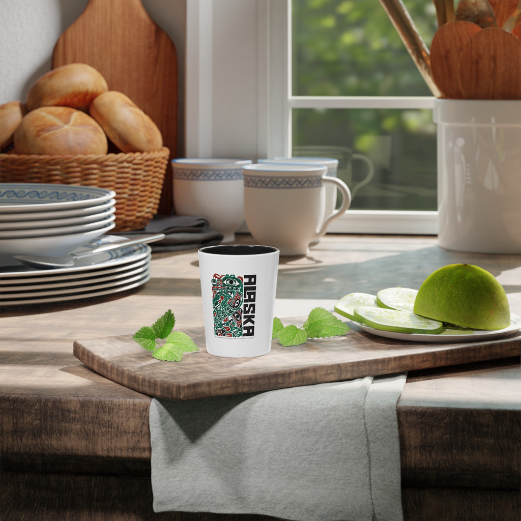 Ceramic Shot Glass - White/Black Interior - Rustic Alaska Tribal Sea Monster - AK State Line™ Collection