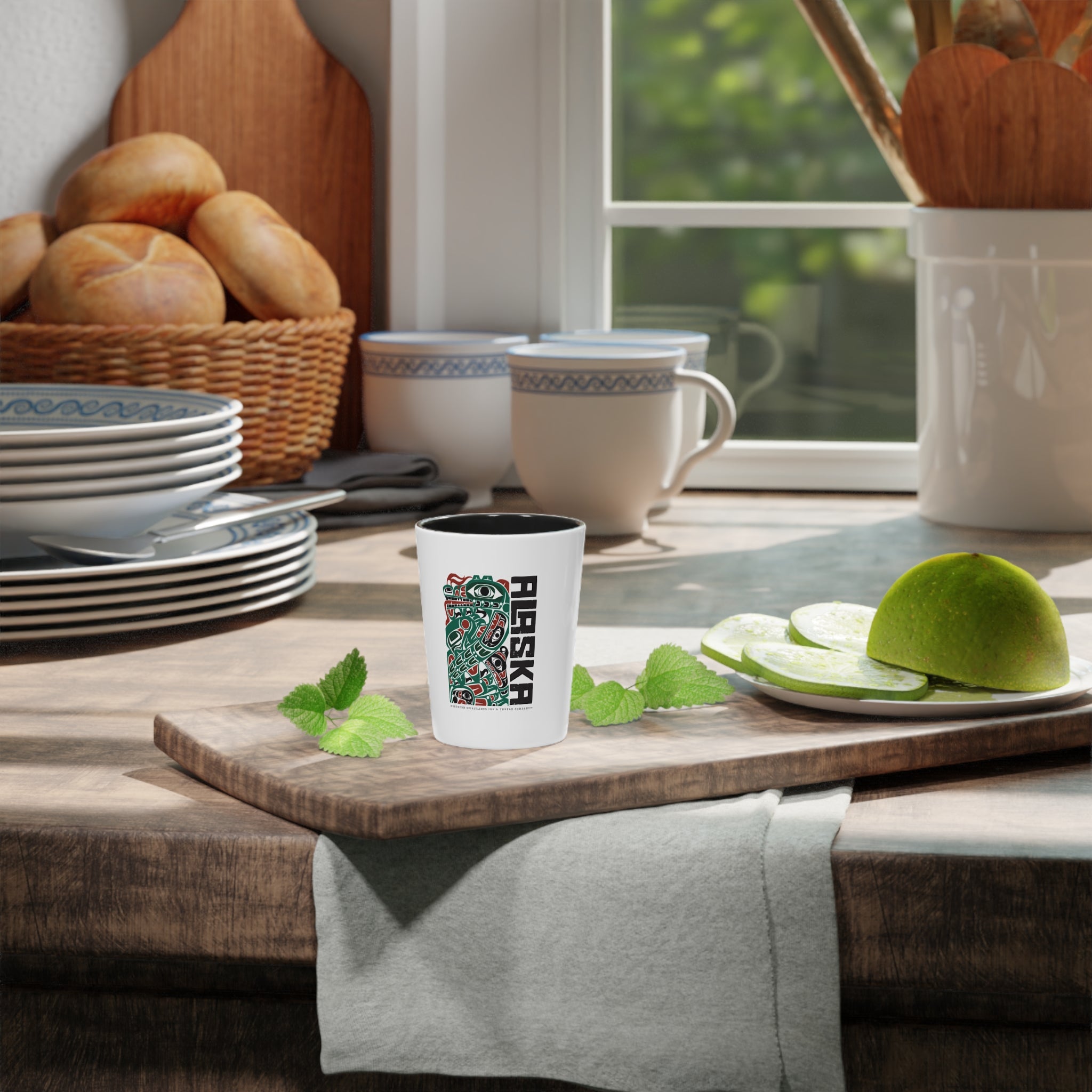 Ceramic Shot Glass - White/Black Interior - Rustic Alaska Tribal Sea Monster - AK State Line™ Collection