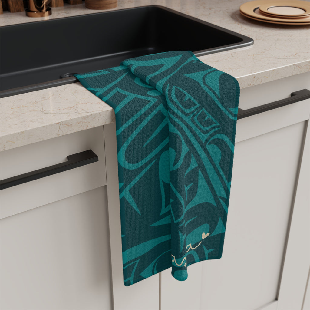 Microfiber Tea Towel - Classic Tribal Print with Alaska (Teal) - AK State Line™ Collection