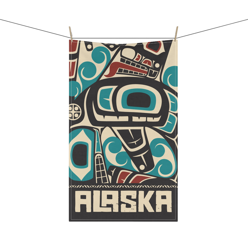 Cotton Twill Tea Towel - Rustic Alaska Tribal Orca - AK State Line™ Collection
