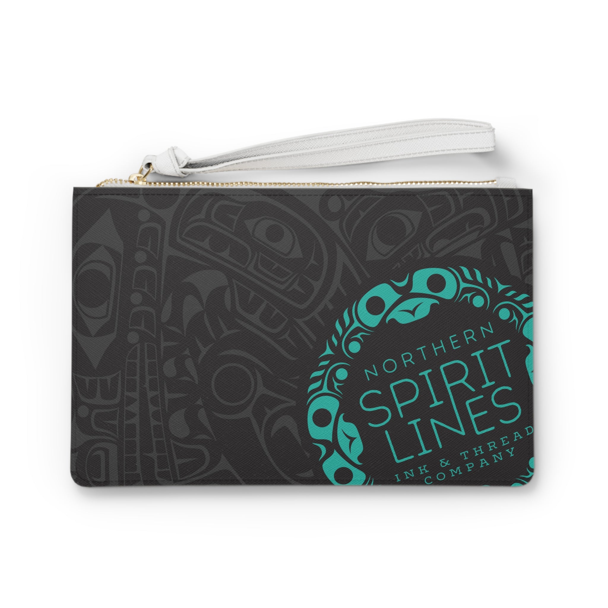 Zipper Wristlet Clutch Bag - Classic Tribal Smoky Print with Teal Logo - Northern Spiritlines™