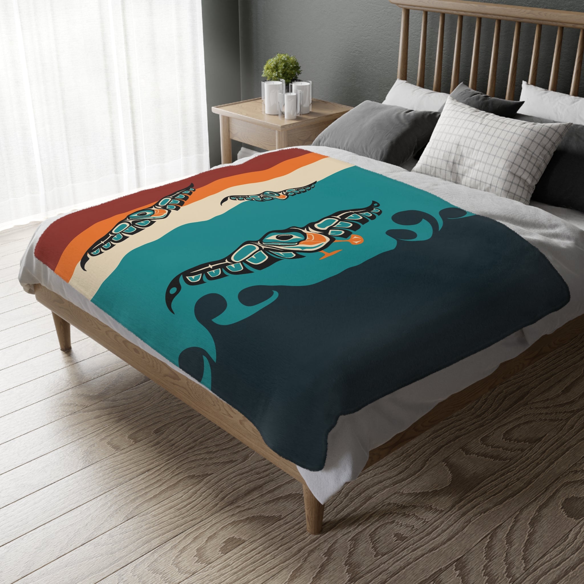 Reversible Coral Fleece Blanket | Tribal Puffins | Signature Collection