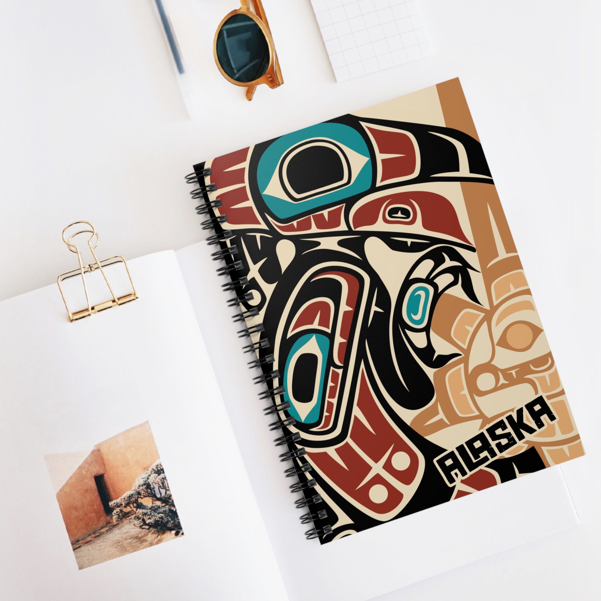 Spiral Notebook, Journal - Alaska Tribal Raven - AK State Line™ Collection