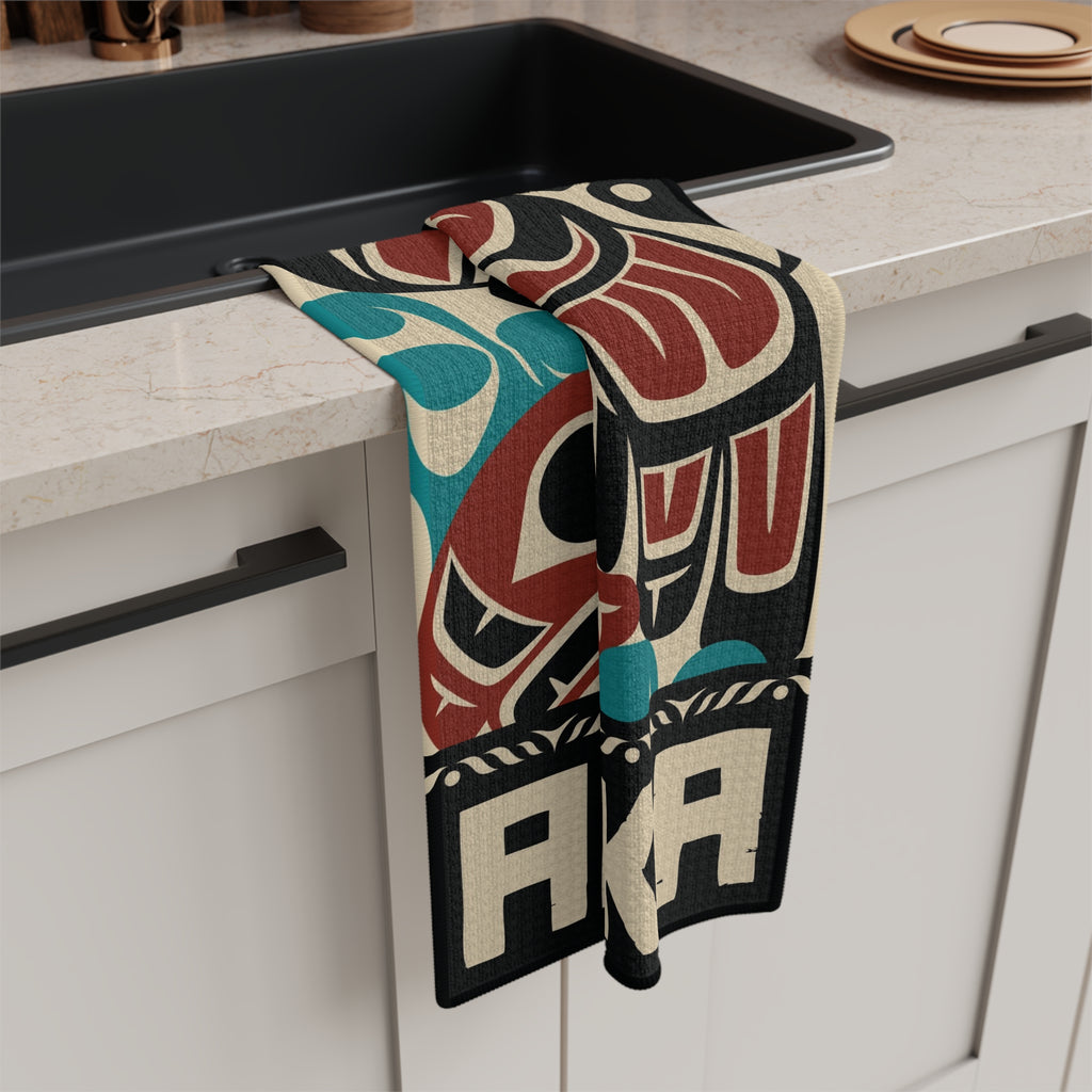 Tea Towel | 18x30" Waffle Weave | Alaska Tribal Eagle & Salmon | Stateline™ Collection