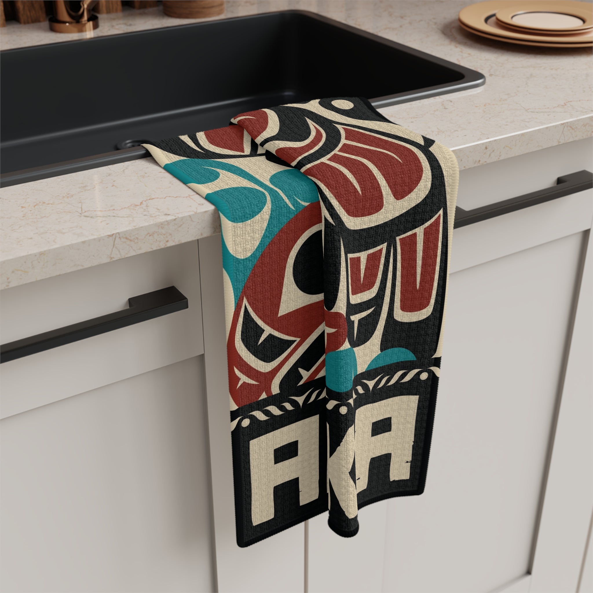 Tea Towel | 18x30" Waffle Weave | Alaska Tribal Eagle & Salmon | Stateline™ Collection