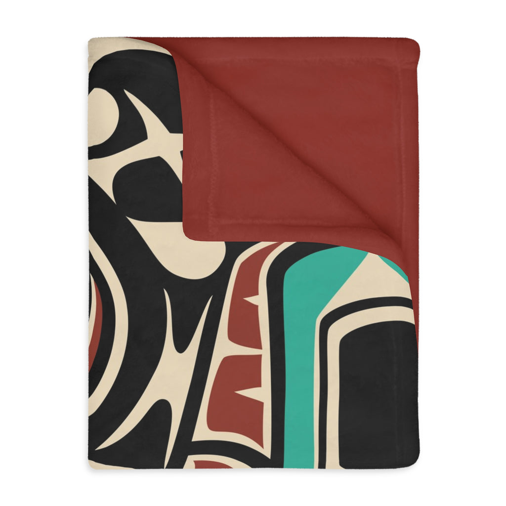 Reversible Coral Fleece Blanket | Tribal Raven & Sun | Northern Spiritlines™ Signature