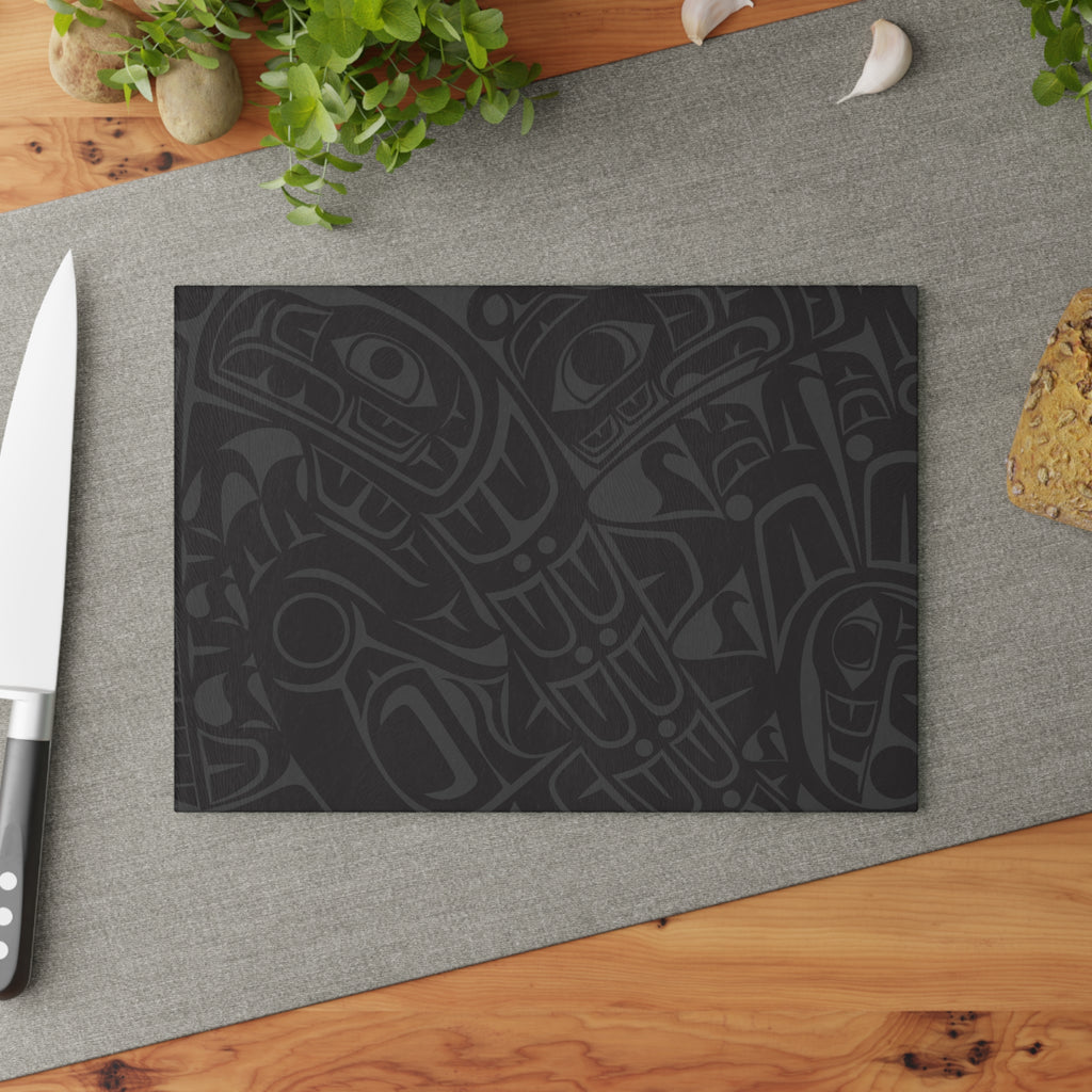 Glass Cutting Board - Classic Tribal Smoky Print - Round Teal Logo - Northern Spiritlines™