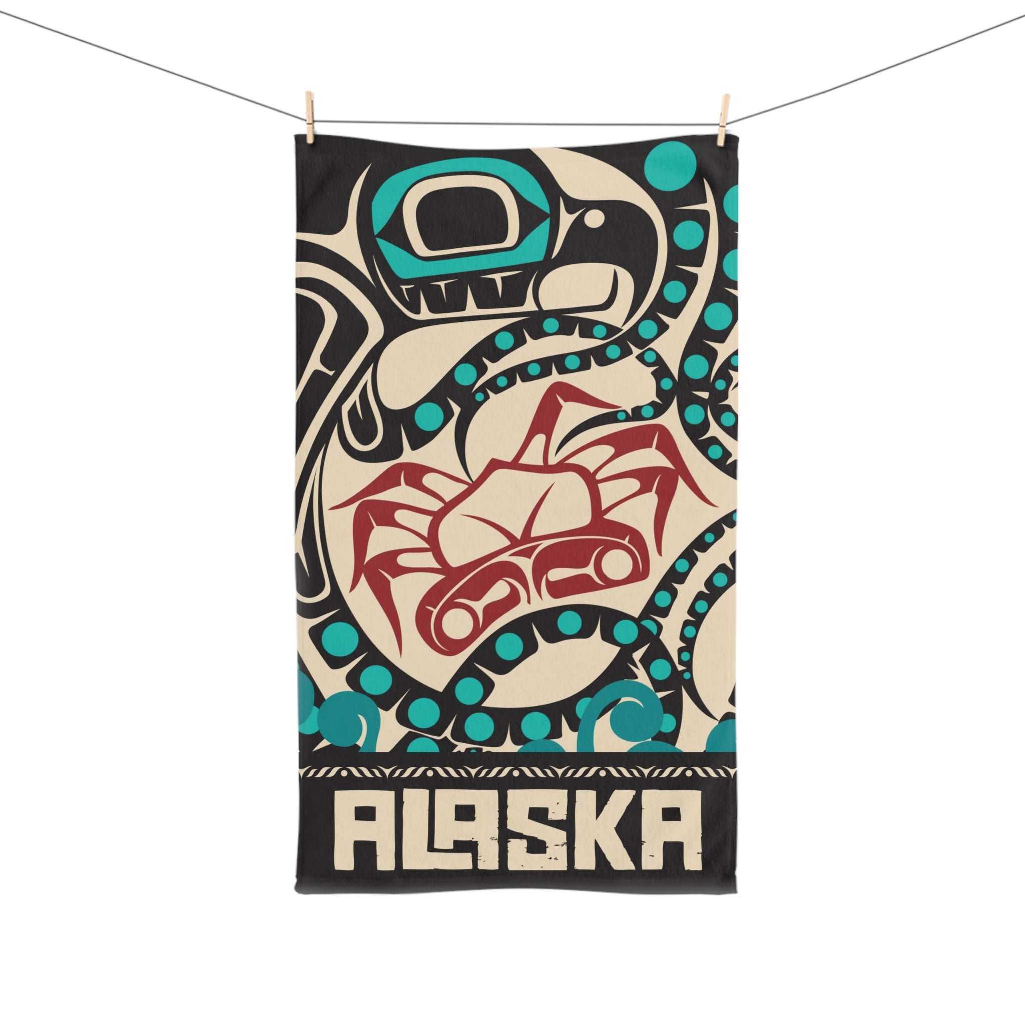 16x28" Polycotton Hand Towel - Rustic Alaska Tribal Octopus - AK State Line™ Collection