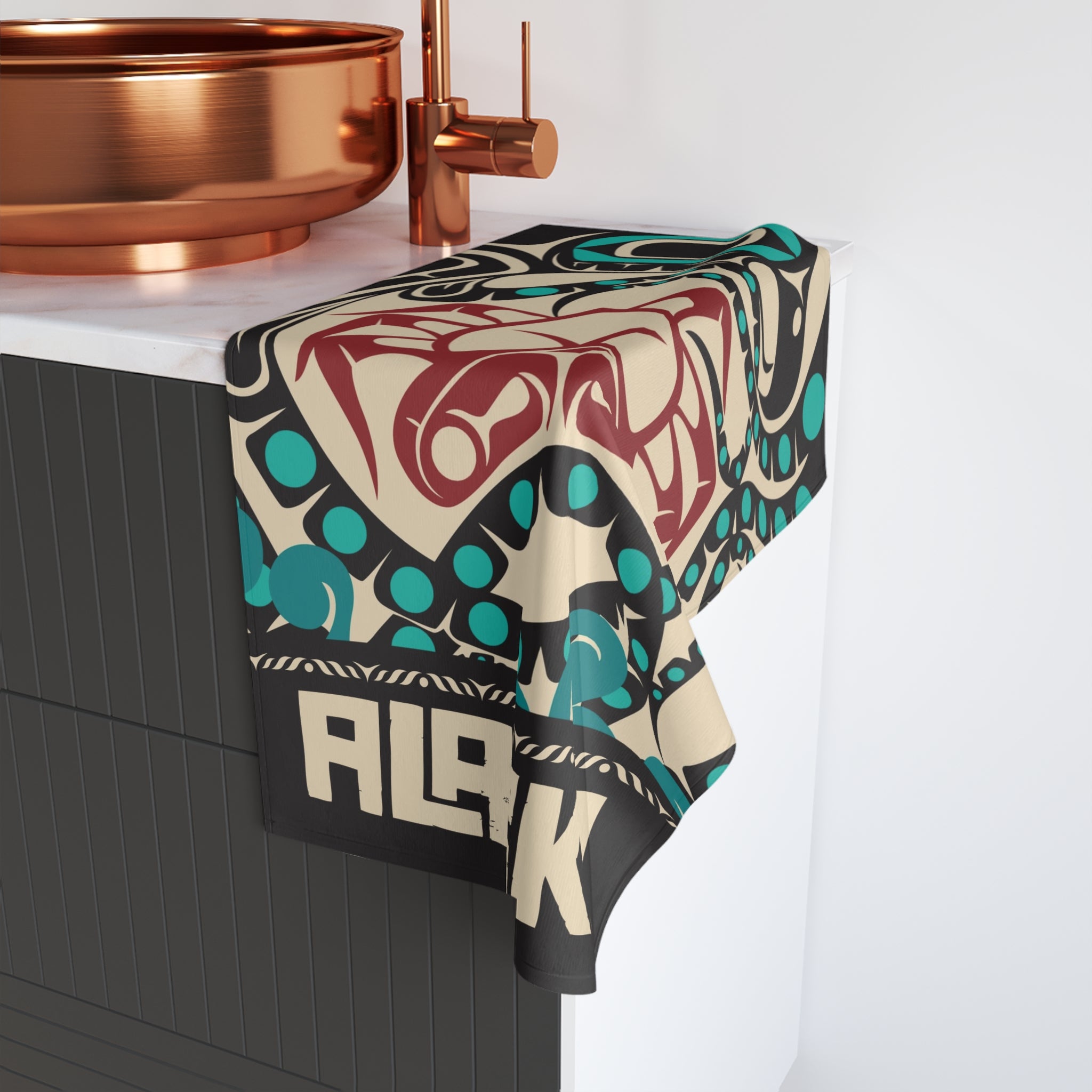 16x28" Polycotton Hand Towel - Rustic Alaska Tribal Octopus - AK State Line™ Collection