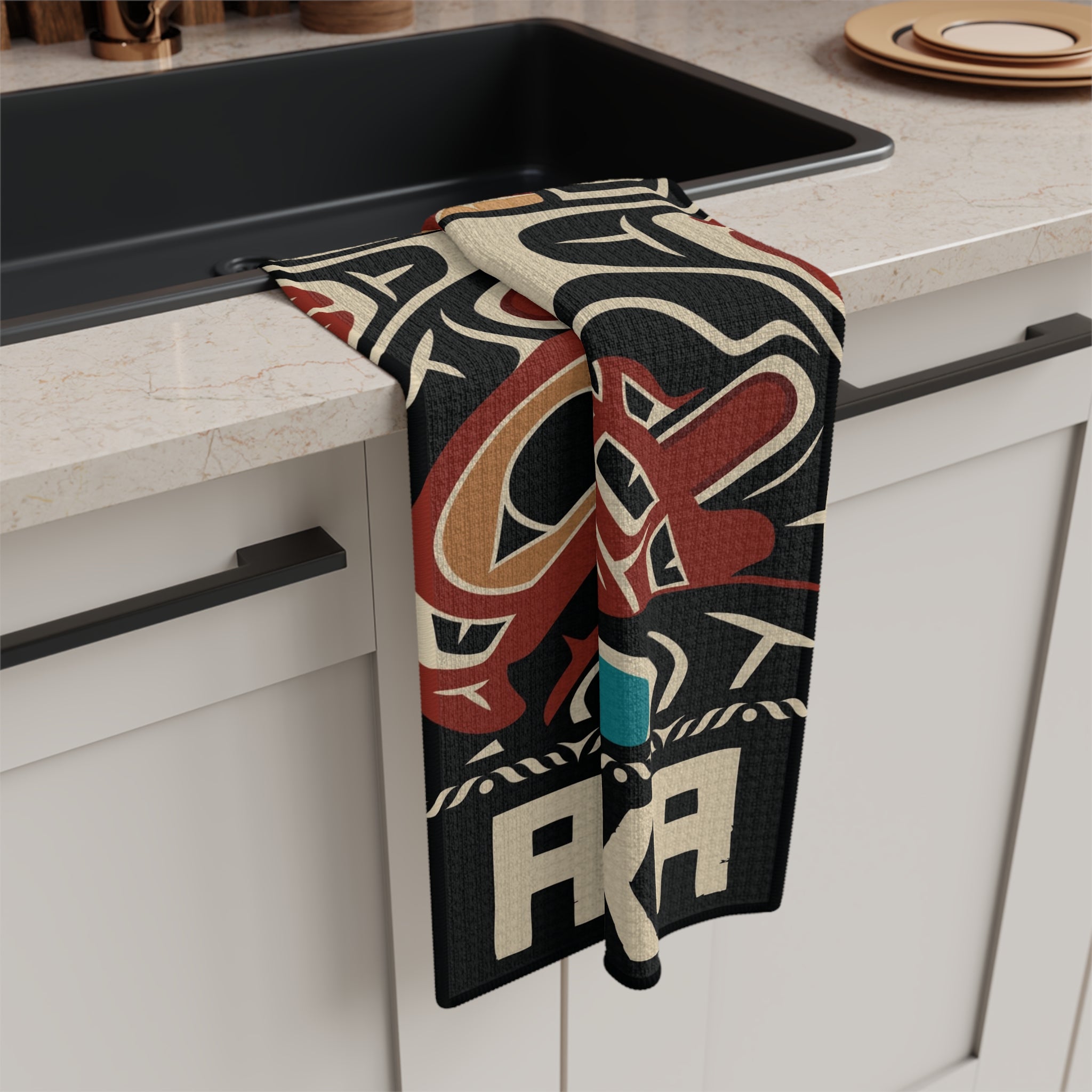 Tea Towel | 18x30" Waffle Weave | Alaska Tribal Bear & Salmon | Stateline™ Collection