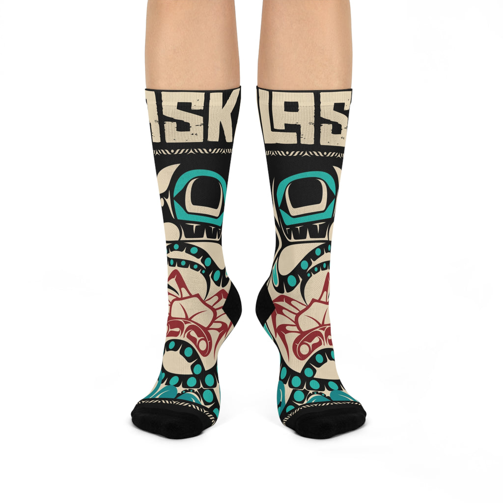 Crew Socks - Cushion Bottom - Rustic Alaska Tribal Octopus - AK State Line™