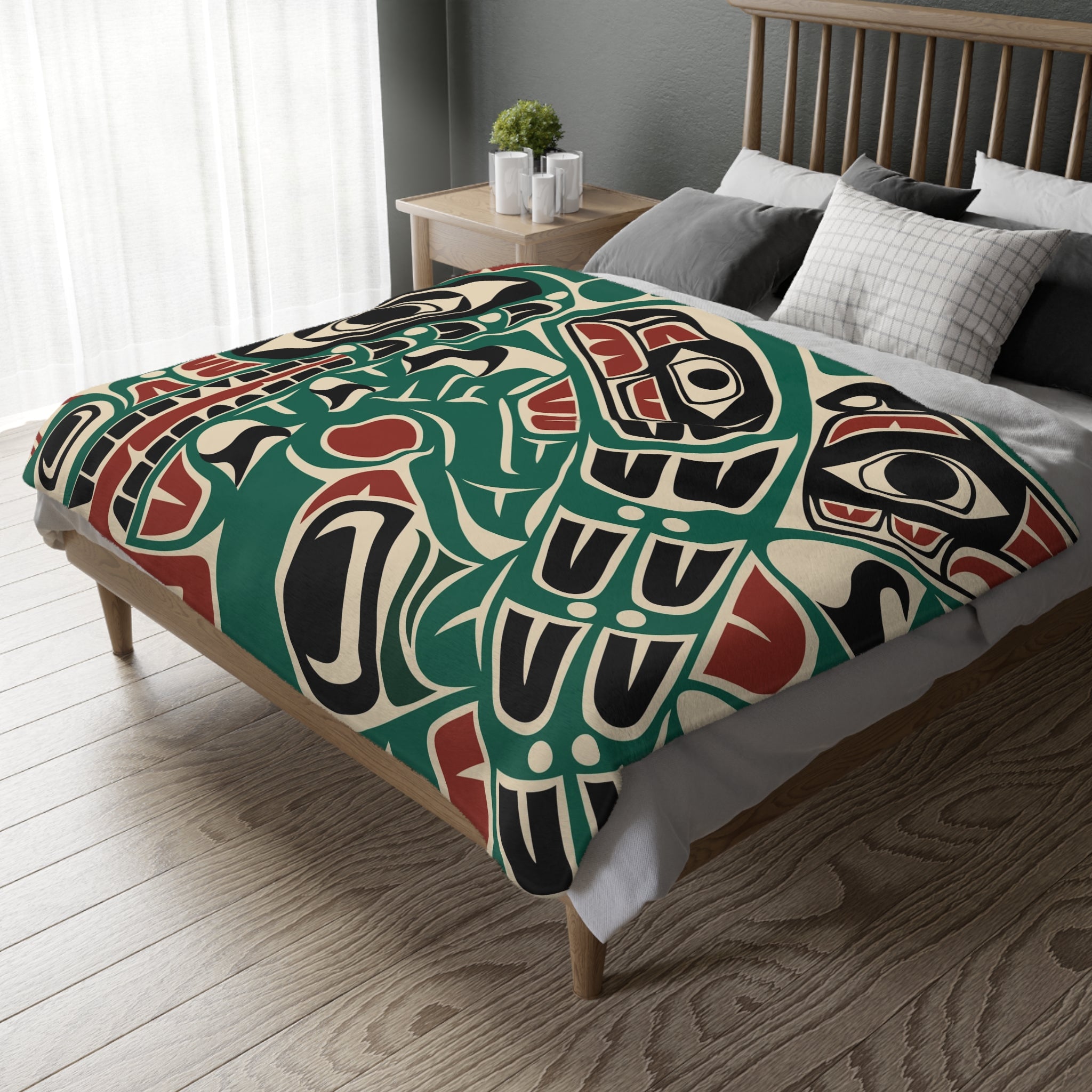 Reversible Coral Fleece Blanket | Classic Tribal Sea Monster | Northern Spiritlines™ Signature